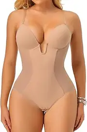 [Joyshaper] Women Backless Shapewear bodysuit Tummy Control Shaping Bodysuit with Built-In Bra Plunge U Neck Body Shaper for Wedding Party