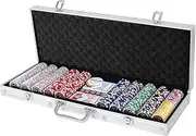 500PCS Casino Poker Chip Set, Texas Holdem Poker Chips w/ 2 Deck of Cards, Aluminum Case, 5 Dices, 1 Dealer Button, 1 Table Felt, Complete Poker Chip Set for Home Game, Blackjack, Gambling (Silver)