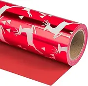 WRAPAHOLIC Reversible Christmas Wrapping Paper - Mini Roll - 17 Inch X 33 Feet - Red Reindeer and Solid Red Design with Metallic Foil Shine for Chrsitmas, Holiday, Party Celebration