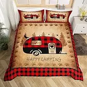 Buffalo Camper Bed Linen Sets, 135 x 200 cm, Children's Cartoon Car Comforter Cover, Red Geometric Plaid Bed Set, Brown Tie Dye Duvet Cover, Checked Patchwork Quilt Cover for Children, Toddlers' Room