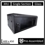 LDR Assembled 4U Wall Mount Cabinet (600mm x 450mm) Glass Door - Black Metal Construction - Top Fan Vents - Side Access Panels WB-SS64040NB