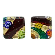Murano Glass Cufflinks Gold Dark Red Multi Millefiori Pair Square