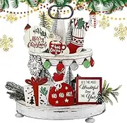 Yulokdwi Decorative Tiered Tray Christmas - Rustic Farmhouse Wooden Serving Tray,Exquisite Table Centerpieces Wood Sign Tiered Tray for Fireplace Bedroom