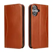 For iPhone 16 Plus Case Fierre Shann Genuine Cowhide Leather Wallet Cover Brown