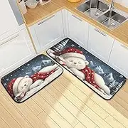 XYMZR Kitchen Mat Bear White Cute Christmas for Floor, 2 Piece, Non Slip Washable Kitchen Rugs for Kitchen & Home Decor, Sink, Bathroom 19.7” x 27.6” + 19.7” + 47.2”