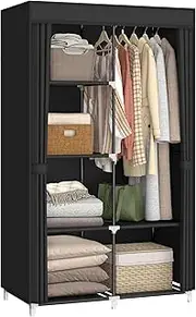 [MOGELAFOO] 35 Inch Portable Wardrobe Closet for Small Room, Clothing Organizer Storage Rack with Non-Woven Fabric Cover, 1 Clothes Hanging Rod, 6 Storage Shelves, Black