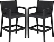 Greesum Outdoor Bar Stools Set of 2, All Weather Imitation Rattan Woven Bar Chairs with Backrest for Backyard, Pool, Balcony and Porch, Black