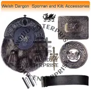 Scottish Welsh Dragon Design Kilt Seal Skin Sporran and Antique Accessories