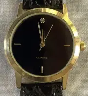 New Quartz Men's Watch, Black Leather Band, Gold colored Bezel, Diamond @ 12:00