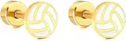 [NewZenro] 20g Volleyball Gold Plated Flat Screw Back Small Stud Earrings for Men Women Minimalist Cute Surgical Steel White Enamel Sports Fan Lover Cartilage Piercing Sleeper Tiny Studs Hypoallergenic Birthday