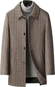 [DGHM-JLMY] Mens Lapel Collar Single Breasted Overcoat Wool Blend Quilted Lined Coats Mid-Long Slim Fit Plaid Woolen Coat