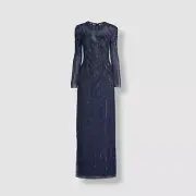 $595 Aidan Mattox Women Blue Long Sleeve Beaded Column Gown Dress Size 6