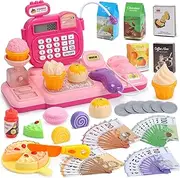 CUTE STONE Kids Toy Cash Register with Scanner & Play Food, Pretend Play Store Set with Real Calculator, Lights & Sounds， Interactive Play Cash Register for Toddlers Boys & Girls (Pink)