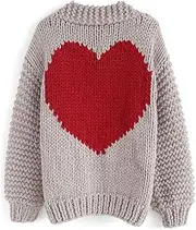 [Chicwish] Women's Red Heart Shape Pattern on Back Soft Hand Knit Chunky Cardigan