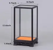 Ebony Wood Trim Display Case Glass Doll Art Jewelry Statue Dust Protect Cover