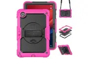 WASSUP Lenovo Tab M11 HD 11 inch 2024 Case With Screen Protector 360 Rotating Hand Strap Stand & Shoulder Strap-RoseRed&Black