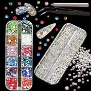 2 Boxes Colorful Glass Crystals of Flatback Rhinestones, Multi Sizes 3D Nail Art Gems Stones for Nails Crafts and DIY Decoration (Multicolor + Crystal AB)