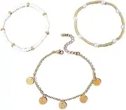 [Generic] Ankle Bracelets for Women Stretch Boho Pearl Bead Gold Anklets Layered Sequins Foot Chain Hawaiian Beach Conch Summer Vacation Travel Foot Jewelry
