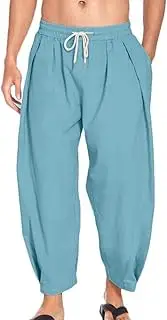 [HanzhuoLG] Men's Cotton Linen Harem Trousers Plus Size Solid Color Casual Loose Pants Yoga Beach Cropped Pants Lake Blue M