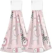 Cute Animals Pink Hand Towel with Hanging Loop Custom Oven Tie Towel Set of 2 Absorbent Cute Kitchen Decorations, 18.2 x 14 Inch