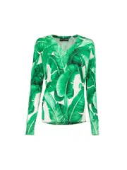 Green Silk Banana Leaf Print V Neck Jumper