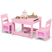 Costway 3Pcs Table Chairs SetPlay Desk w/Storage Box & Removable Tabletop Study Drawing Pink