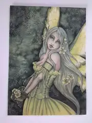 AMY BROWN NEW & MINT FAIRY POSTCARD/MINI ART PRINT BEAUTIFUL GREEN FLOWER FAERIE