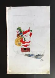 Vintage Pru Hand-painted Needlepoint Canvas 18” X 13” Santa Chimney Stocking NEW