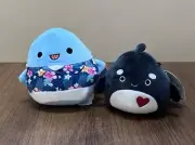 Squishmallows NWT 5” Rey Shark Plush Hawaiian Shirt 4” Kai Orca Whale Set