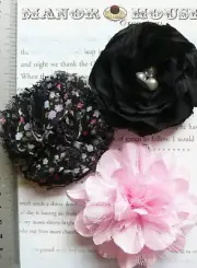 PINK & BLACK Mix Fabric Organza 3 Flower Pack 70-80mm Manor House