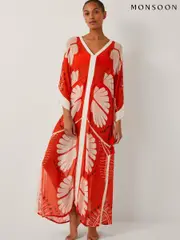 Monsoon Orange Nara Leaf Print Kaftan (W66919) | $254