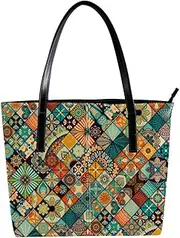 [EGGDIOQ] Leather Tote Bags Handbag Shoulder Bag Mandala Mosaic Pattern Shopping Beach Bags Shoulder Purse for Women