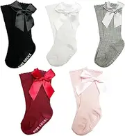 [Bliceon] 5 Pairs Baby and Toddler Knee High Socks with Bow – Soft Cotton Anti-Slip Design, Perfect for Girls, Comfortable and Stylish for Little Kids