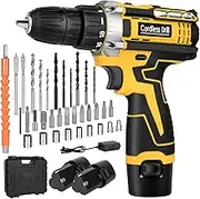 Cordless Drill Driver, 12V Combi Drill, 34PCS Electric Screw Driver Set, 30Nm Variable Speed Multifunctional Rechargeable Power Drill Screwdriver Tool Starter Kit with Dual Battery (Yellow)