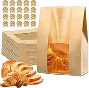 50 Pcs Large Bread Bags for Homemade Bread, Sourdough Paper Bread Bags With Window, 50% Thicker 13.7x8.2x3.7in A Bakery Bags Used for Storage Bread Cookies & Snacks, 60 Cute Sealing Stickers With Ties