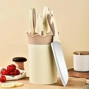 Knife Set, 6 PCS Stainless Steel Kitchen Knife Block Set, White Non Stick Coated Knife, No Rust and Sharp Knife for Chopping, Slicing and Dicing, Dolphin Shaped Handle, Brown