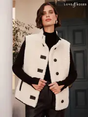 Love & Roses Cream Borg And Faux Leather Trim Gilet (B02106) | $83