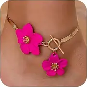 [LANWLOSI] Hot Pink Flower Anklets for Women Boho Double Blossom Toggle Clasp Anklets Trendy Pink Rose Floral Petal Ankle Bracelets Summer Hawaiian Beach Chainlets Foot Jewelry Accessories