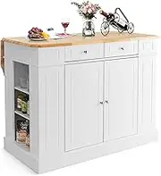 Giantex Kitchen Island with Storage, Kitchen Storage Cabinet Island Table with Drop Leaf Rubber Wood Countertop, Drawers, Side Racks & 2-Door Cabinet, with 3-Level Adjustable Shelves