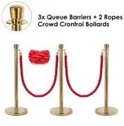 3x Queue Barriers + 2 Ropes Crowd Control Bollards Stands Classic Gold