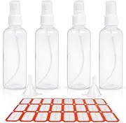 4 PCS Set 100ML Spray Bottles Plastic Transparent Mist Spray Bottles with 2 Funnels and 1 Sheet Label Empty Travel Atomiser Refillable Liquid Containers for Perfume Cosmetic and Liquids