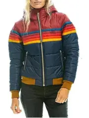Womens Rainbow Zip-up Winter Down Casual Striped Hooded Puffer Coat Navy M