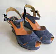 Retro Style~NAVY BLUE TOOLED LEATHER PLATFORM WEDGE 6.5-7 SHOES/SANDALS~BrandNew
