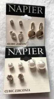 Lot of 6 New NAPIER pierced Earrings Rhinestone, CZ Pearl & drop #40-6