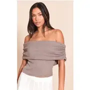 Mushroom Textured Bardot Fold Over Detail Long Top, Mushroom