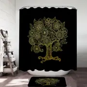 Golden Tree Drawing over Black Shower Curtain