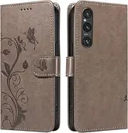[YBFJCE] Case for Sony Xperia 1 V, PU Leather Magnetic Flip Folio Kickstand Card Holder Shockproof Protective Cover, Wallet Case for Sony Xperia 1 V, Gray