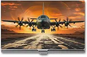 [VFMKT] Slim Metal Business Card Holder Portable Business Card Case Pocket Name Card Holder Military Plane Landing On Airforce Runways Against Beautiful DuSky Wallet for Men Women Office Travel