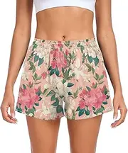 [FRODOTGV] Tropical Pink Flowers Women Athletic Shorts Elastic Waisted Lounge Shorts for Outdoor Indoor Fitness Work Out S