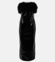 [Blumarine] Blumarine Feather-trimmed faux leather midi dress AU 10 black
